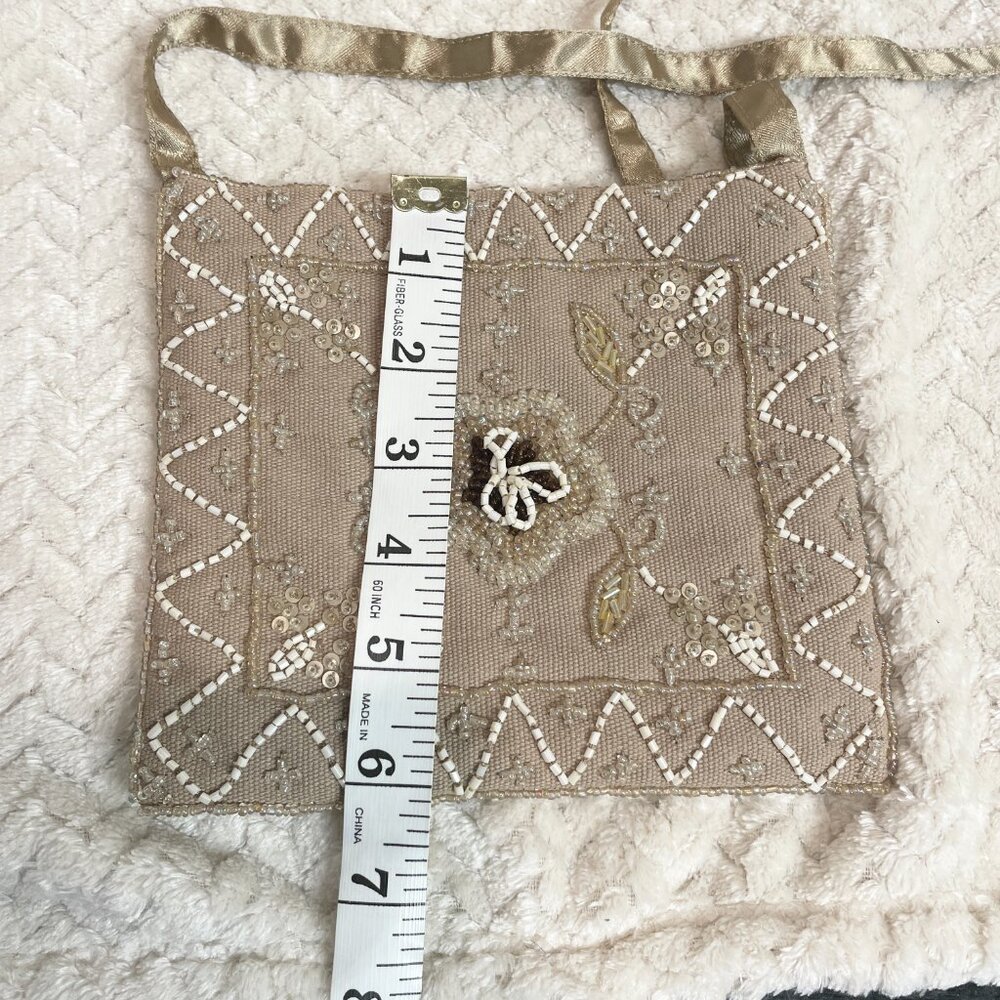 Cottage Core Tan Small‎ Beaded Cloth Bag Boho Chic EuroSummer - Picture 6 of 8